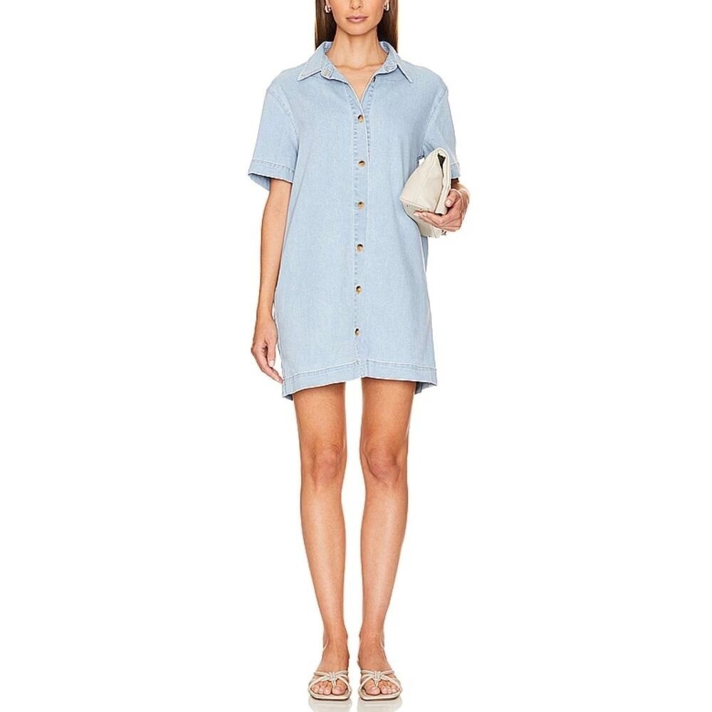 ENZA COSTA Soft Denim Shirt Dress Women XS Blue Button Front Short Sleeve Mini